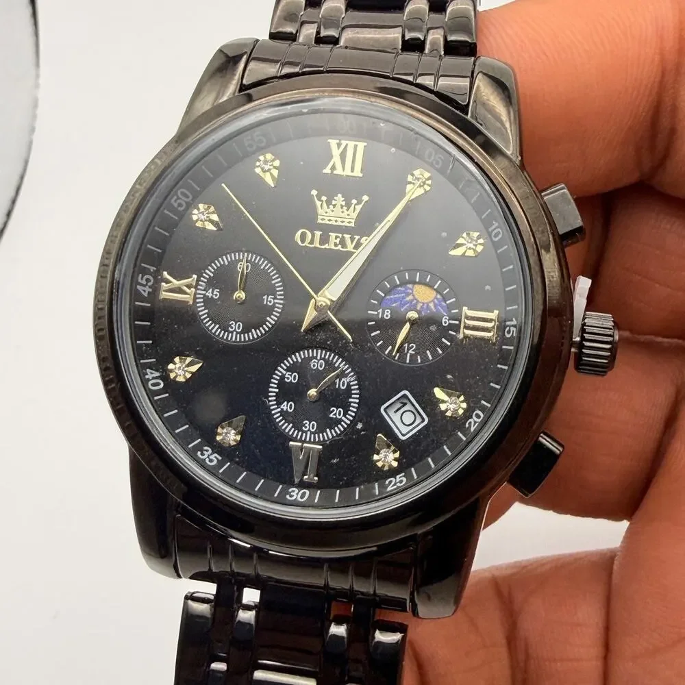 Sleek OLEVS 2858 Men's Black Stainless Steel Chrono Watch - New Battery!